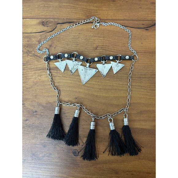 Boho Statement Necklace Silver Tone Triangles Black Tassels Adjustable Chain - Picture 3 of 9